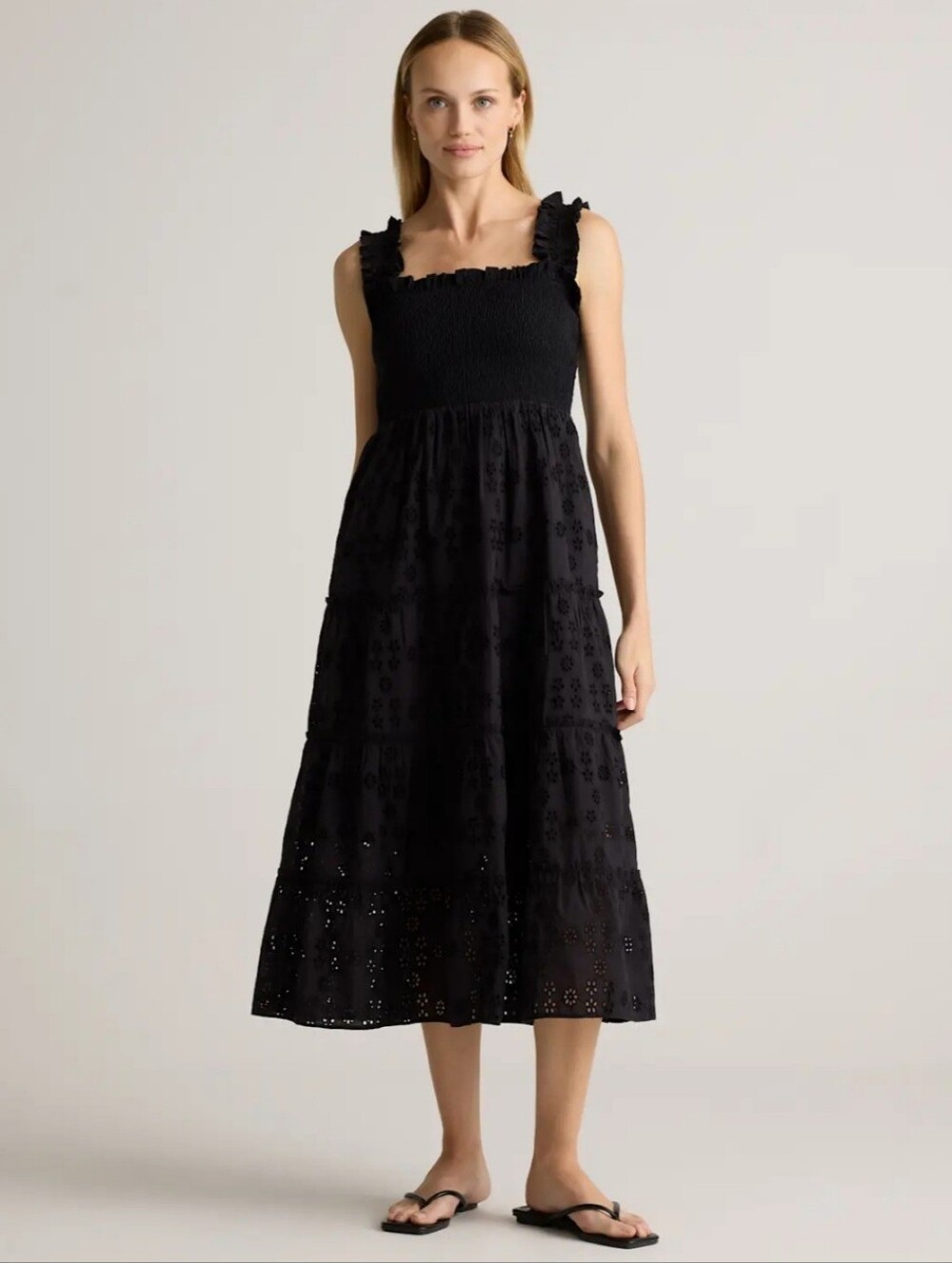 Quince 100% Organic Cotton Eyelet Smocked Midi Dress, Medium, Black